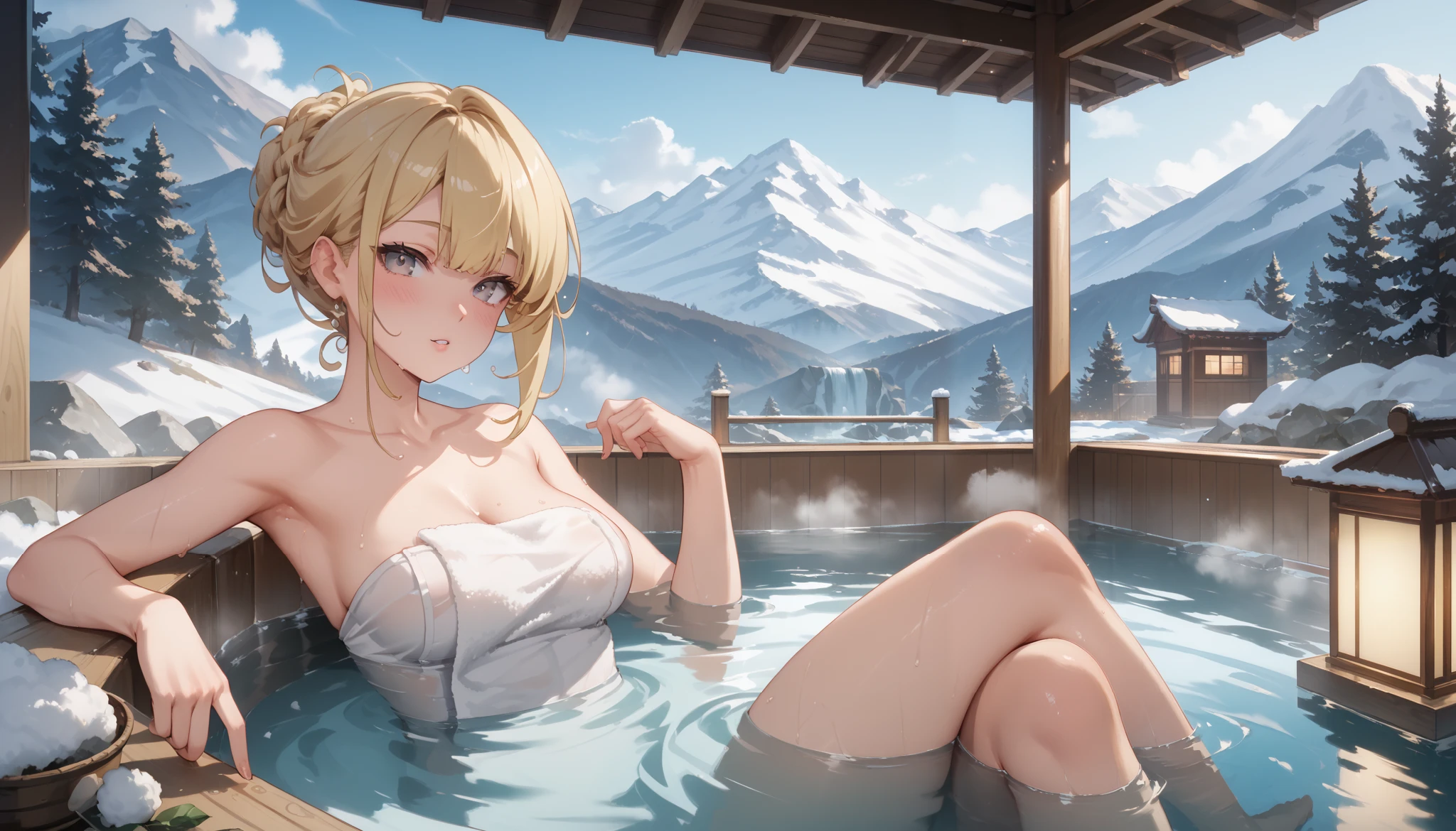 masterpiece, high resolution on the bench,Anime Art,Anime Numbers, 4k anime wallpaper,Soft Light, radiant skin, unique ,An anime girl, blush,Half of the body is in the water, blond hair, Steaming ,Gradient eyes,leg,bath towel,A distant view of a snowy mountain ,hot spring