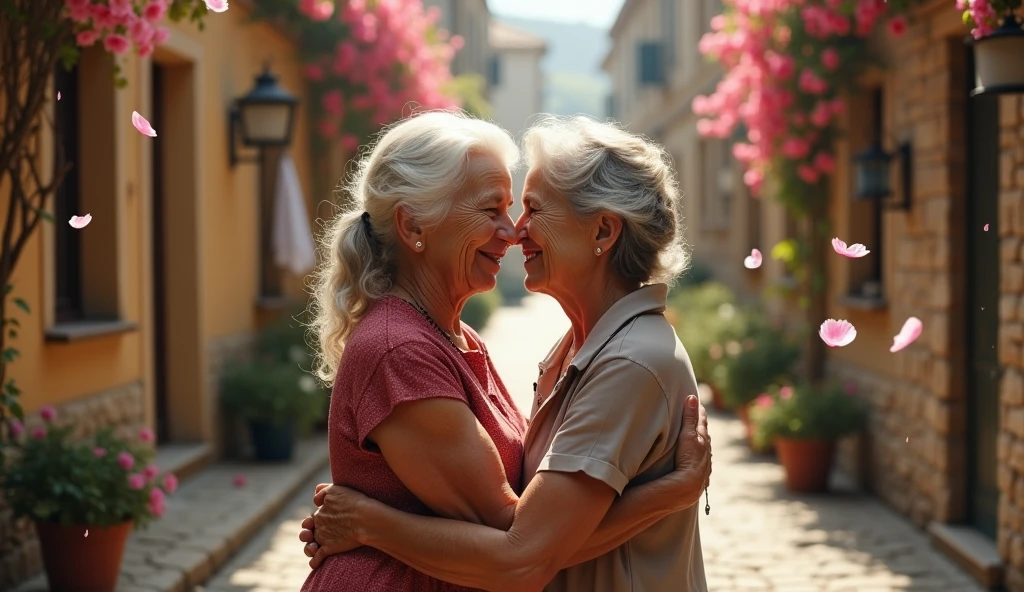 two elderly women kissing on the balcony
