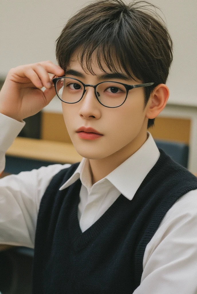  Handsome male high school student . His height is big.  He's watching me .  He's wearing a white shirt and black vest. He's wearing black glasses . Expressionless. Good looking. The background is a classroom .  due diligence