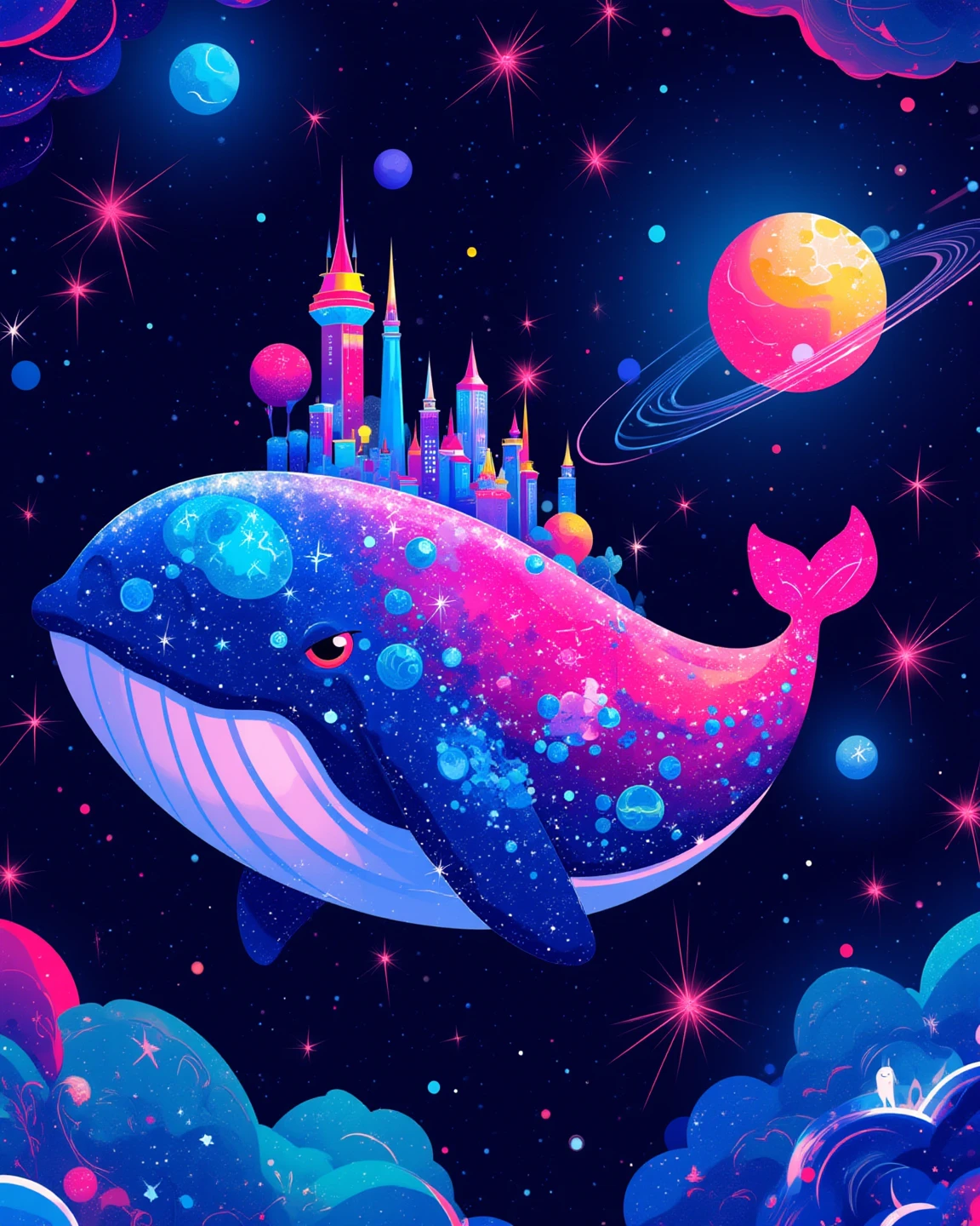 Scratchboard, there is a cartoon whale-shaped space colony that is floating in the universe, A magical whale in space with a city on its back, galaxy whale, super cute, Fascinating colorful universe,  Rainbow Universe. in style of cyril rolando, cyril rolando and goro fujita, Scratch Art, dreamy illustration, sparkle, Iridescent glow. 
2d, Juaner_illustration