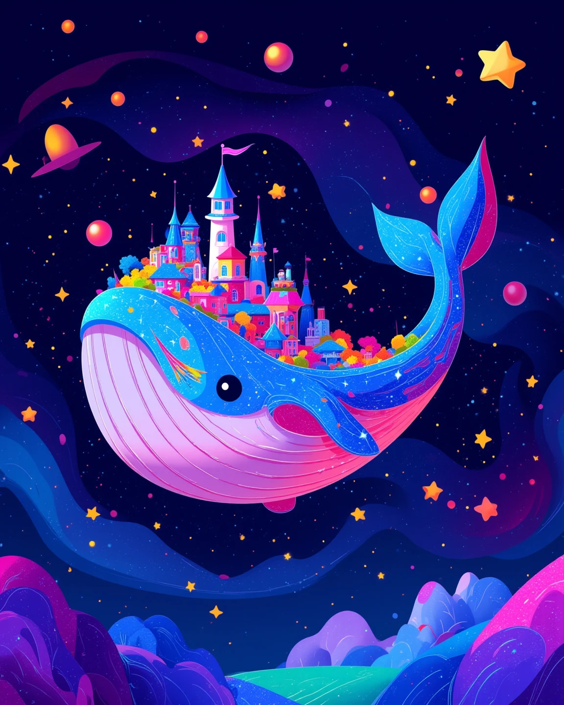 Scratchboard, there is a cartoon whale-shaped space colony that is floating in the universe, A magical whale in space with a city on its back, galaxy whale, super cute, Fascinating colorful universe,  Rainbow Universe. in style of cyril rolando, cyril rolando and goro fujita, Scratch Art, dreamy illustration, sparkle, Iridescent glow. 
2d, Juaner_illustration