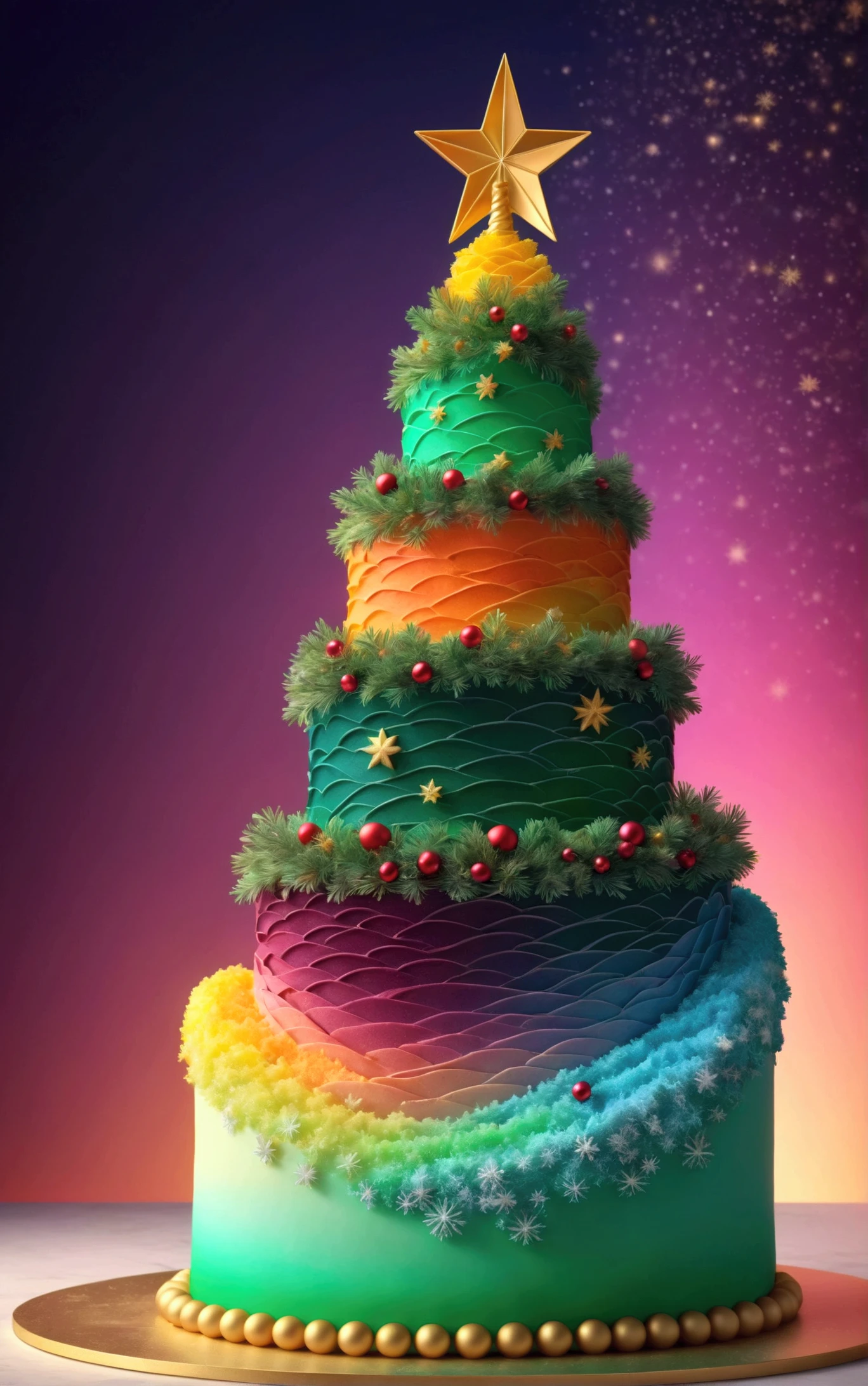 half of a sliced beautiful Christmas tree cake with colorful layers,   gradient fractal background 3d ,  high detail,  ultra-high image quality ,  bright lighting , Shine, Shine