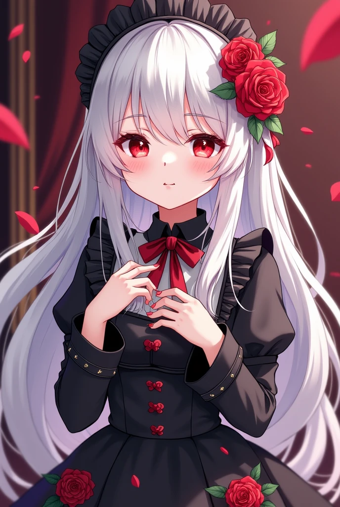 Anime girl with long white hair and red roses in her hair , gothic maid style anime girl , White-haired goddess, Detailed Anime Key Visuals , Anime Girl Wearing a Black Dress, cute girl anime visual , Devil Anime Girl, Loli Dress, Best anime 4K konachan wallpaper , 「 beautiful anime woman , cute anime Waifu is wearing a nice dress
