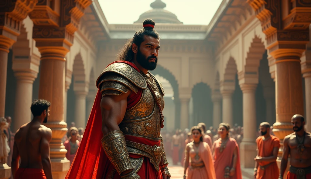 Picture a man in his 30s, with only a mustache on his face and a turban on his head and a silver spear in his hand and he is very angry. On his left side is standing a woman who is wearing Rajasthani Lugdi and his There are two vines standing on the right side which are white in color.