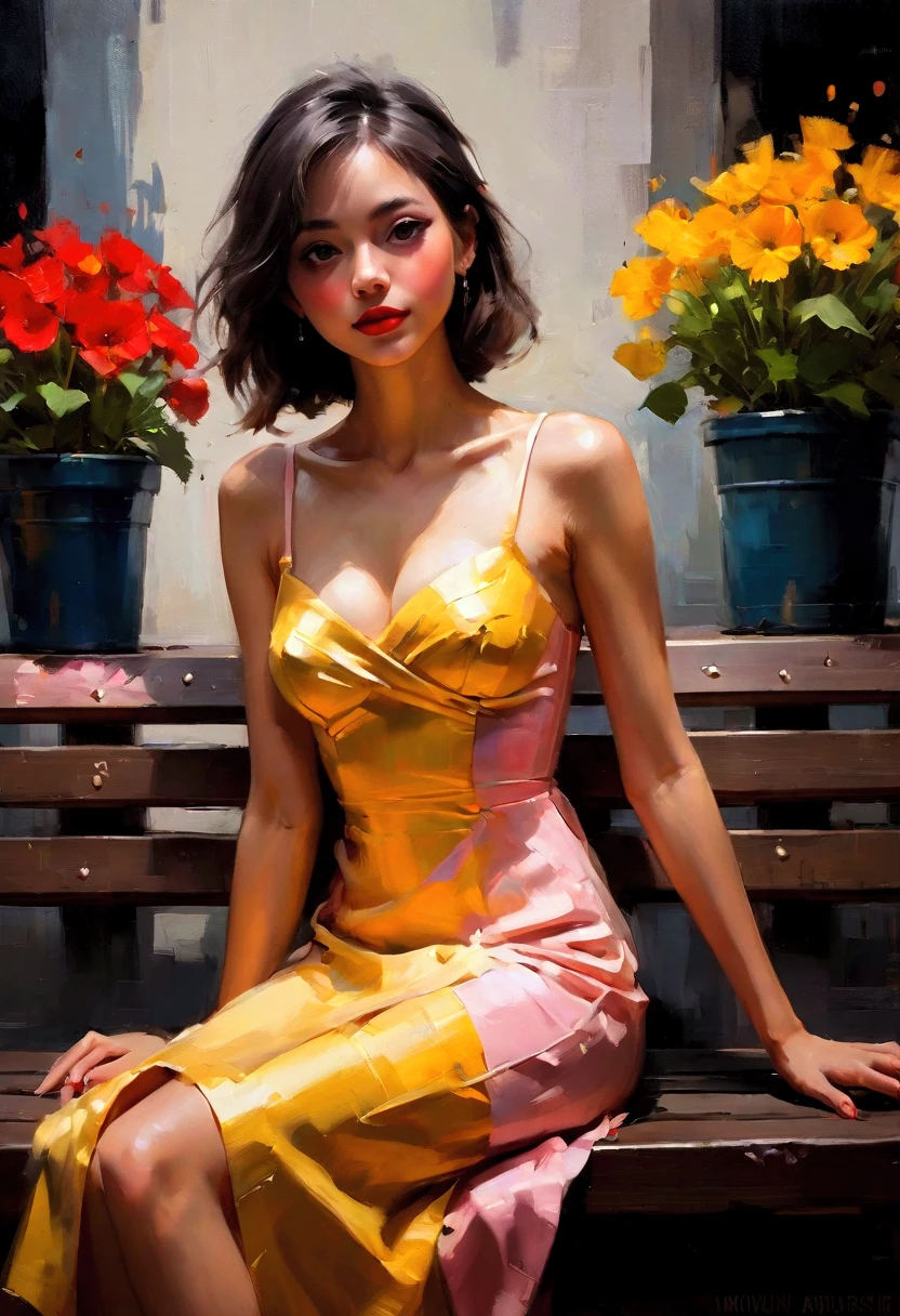 Create a contemporary portrait of a yellow gown dress
((whole body), sitting on a bench, flower box, Practical, Fashion Girl, Red lips, Cute
woman, cosmetic, big eyes, beautiful eyes, (whole
body), (From below), (best quality, masterpiece:1.2),
Very detailed, (Practical:1 .37), (Sexy long legs),
beautiful, Young and energetic, Charming model, Large
Breasts, Clive Arch, (Exquisite eyes, Delicate lips,
extremely Exquisite eyes), Show a bright smile, Create
stunning girl images, warm color, Very high color
saturation, Official Art,(High Dynamic Range :1.4),
(Movie),
(Soft colors, Dull Color, Soothing tone :1.3), (Natural
skin texture, ultra-Practical, Soft Light, sharp),(Very
detailed), in the
expressive and painterly style of Malcolm Liepke,
utilizing a palette of light pink, yellow and red,
light grayish blue. Dynamic
brushstrokes and a focus on capturina the depth. The
painting style is expressive a
nd dynamic, showcasing bold brush strokes and a rich color palette.