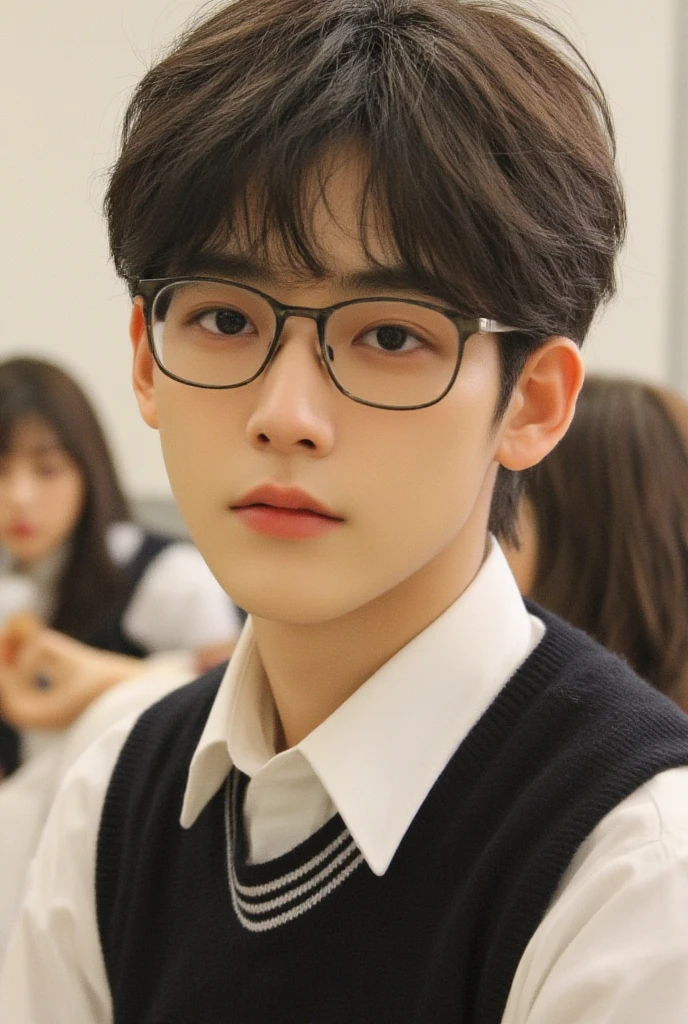  Handsome male high school student . His height is big. He's drawing his gaze.  He's wearing a white shirt and black vest. He's wearing black glasses . Expressionless. Good looking. The background is a classroom .  due diligence