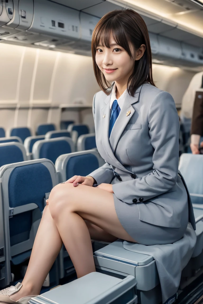 1 female, 40 years、very detailed顔、lip details、detailed eye、double eyelid、(black bob hair、Like an airplane stewardess々please do a good job)、(stewardess uniform:1.2)、(glamorous body)、(big breasts)、smile、thighs thighs thighs, Exactly, perfect image realism, With background: (airplane business class aisle:1.2), cowboy shot, detailed background, detailed costume, perfect lighting、hyper realism、(Photoreal:1.4)、8K maximum resolution, (masterpiece), very detailed, Professional