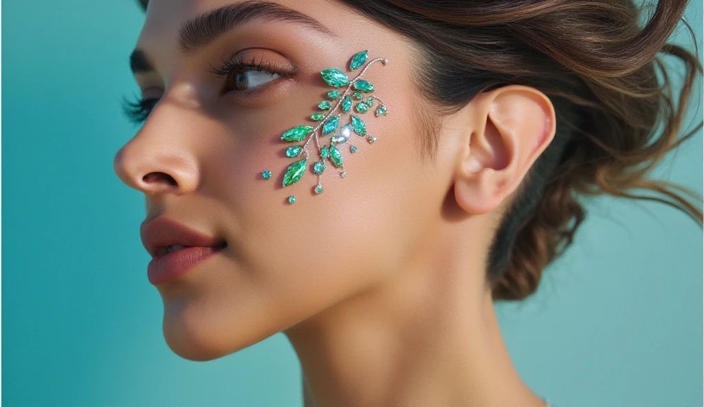 realistic front face photography, Asian female, inspired by the essence of "deepeka24," angelic art depicted in a chromoluminarism glass mosaic style, adorned with luminous turquoise gemstones. Ultra-realistic, showcasing vibrant and richly saturated colors.