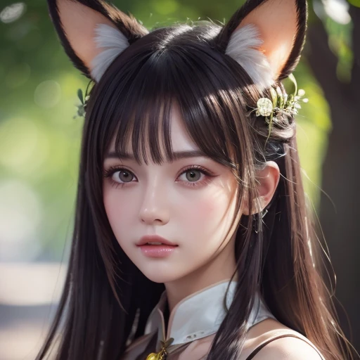 ((best qualtiy)), ((tmasterpiece)), (detail:1.4), Beautiful cyberpunk female images,hdr(HighDynamicRange),Ray traching,NVIDIA RTX,Hyper-Resolution,illusory ub surface scaing,PBR textures,post-proces,Anisotropy Filtering,depth of fields,maximum definition and sharpness,Many-Layer Textures,Albedo e mapas Speculares,Surface coloring,Mitsu-Accurate simulation of material interacctly proportioned,rendering by octane,Two-colored light,largeaperture,Low ISO,White balance,Rule three points、8K raw data、Beautiful bright blue pupils,off-the-shoulder clothes,Fine pupils,Delicate face and eyes,long eyelasher,Blushlush,Delicate and fluffy hair,pink lip,Pure,Cute face,Sweet girl,Artistic sense,Casual wear,Advancedsense,butterflys,Cherry som petal,Beautiful hair accessories,Long hair and waist,Hair fluttering in the wind,Snow-white fox ears,curlies,Snow-white fluffy tail