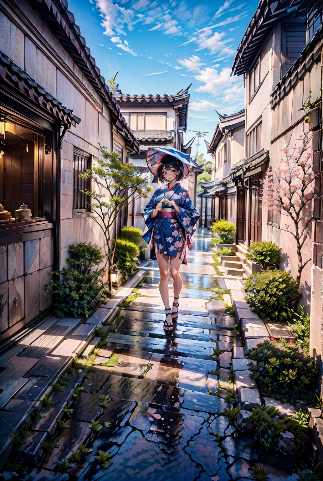 1girl,solo,cute,(((pink short hair,blue eyes))),kimono,japanese umbrella,wagasa,
at garden,japanese style, ((cobblestone)),((garden)),winter,brilliant view,sunshine,