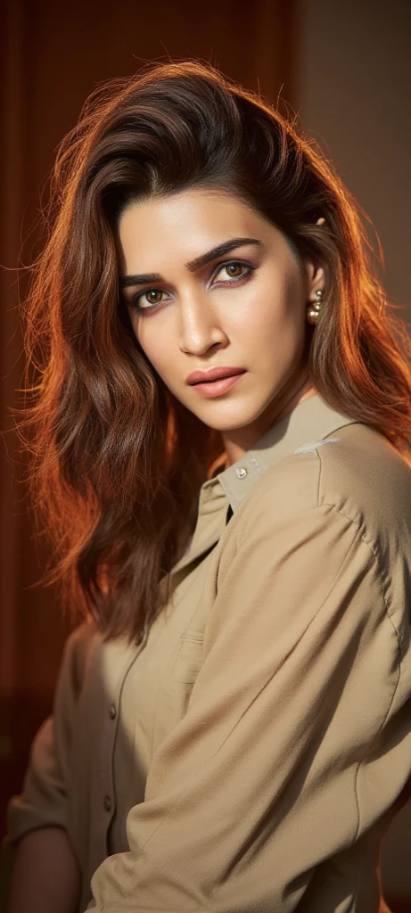 Beautiful Kriti sanon, (best quality, canon eos, high resolution, beautiful face and hair, golden hour), cosplaying as indian police women, simple khakee police shirt, standing inside a room, slight cleavage. 