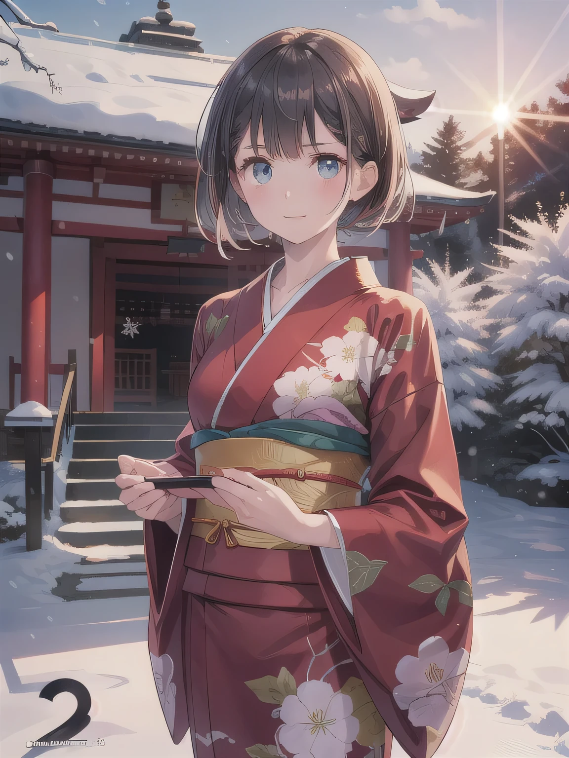 A breathtakingly beautiful 20-year-old woman with a slender physique, dressed in an elegant black and red kimono suitable for the Japanese New Year. She stands against the serene backdrop of a New Year's sunrise, featuring a traditional Japanese shrine, snow-covered grounds, and vibrant red camellias in bloom. Her gentle smile and friendly expression harmonize with the peaceful atmosphere of the snowy morning. (RAW photo, top quality, realistic, photo-realistic:1.4), (masterpiece, extremely detailed, 2k wallpaper), (Ultra Details, high res, soft light, cinematic lighting), (perfect anatomy, slender body), (extremely detailed eyes and face, beautiful nose, beautiful eyes). 青い目, 編み込み, 長い髪, twin 編み込みs, ピンクの髪。