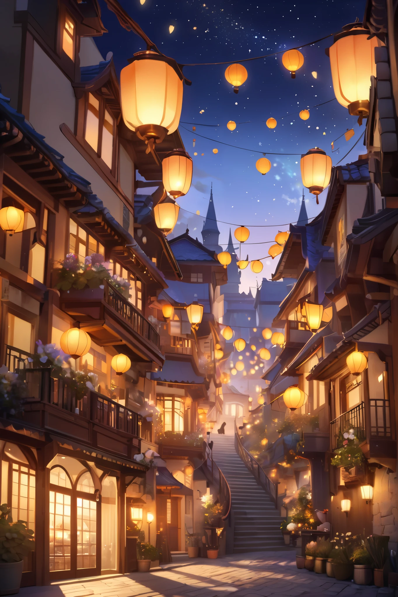 “Create a magical and serene night scene featuring hundreds of glowing lanterns floating gently into the starry sky. The setting is a charming town square with warm, illuminated buildings lining the sides, showcasing balconies and windows filled with soft yellow light. In the foreground, two silhouetted cats sit on a wrought-iron railing, gazing at the lanterns above. The sky is a deep twilight gradient of purple and blue, dotted with stars. The atmosphere should feel enchanting, peaceful, and full of wonder, emphasizing the soft glow of the lanterns and the cozy charm of the surroundings.”