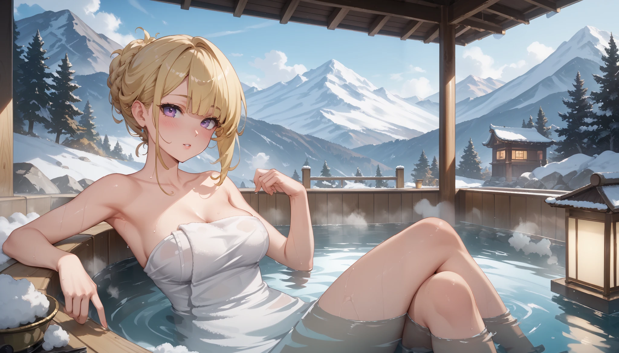 masterpiece, high resolution on the bench,Anime Art,Anime Numbers, 4k anime wallpaper,Soft Light, radiant skin, unique ,An anime girl, blush,Half of the body is in the water, blond hair, Steaming ,gradient purple eyes,leg,bath towel,A distant view of a snowy mountain ,hot spring