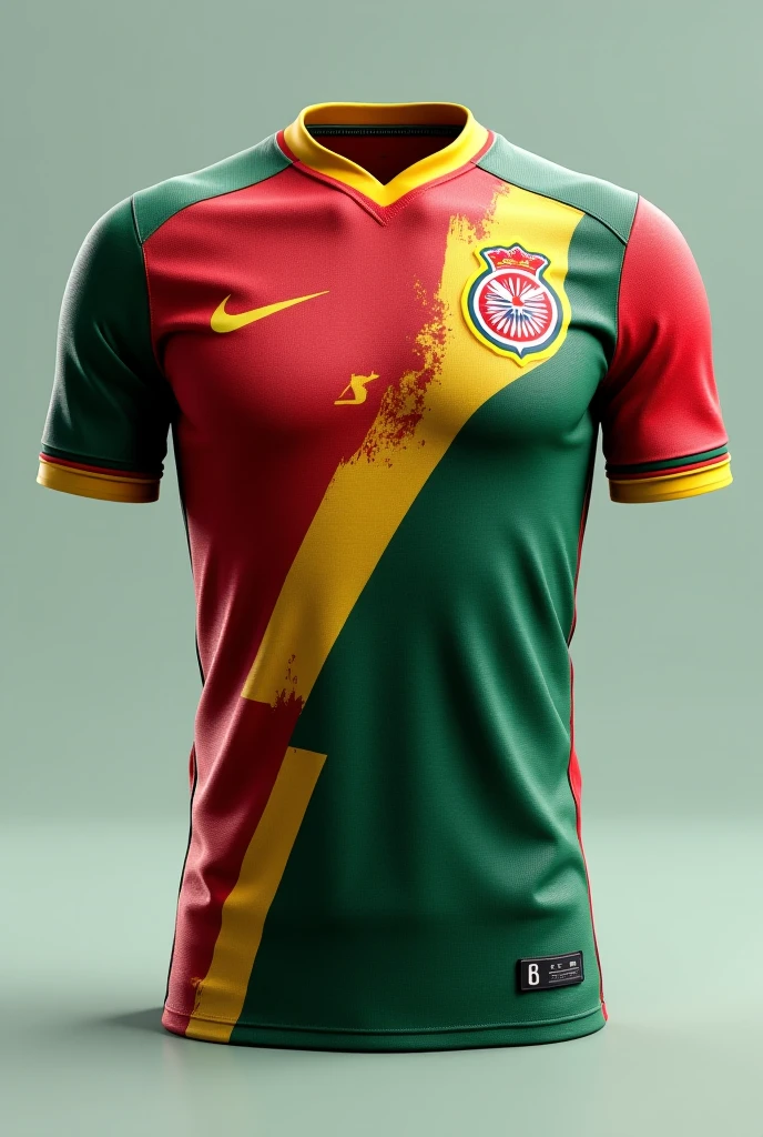 Football shirt with a new design that does not exist, using only yellow colors, green and red so that the design is clear on the front and back