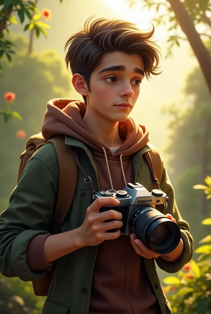 (cute, beautiful) Ukrainian (teen boy), (wearing) (loose summer outfit), [holding camera]. (Optimistic).

(Photorealistic), (vivid colors), (ultra-detailed), (masterpiece:1.2), [studio lighting].

Please generate the Stable Diffusion prompt directly without adding any prefix.