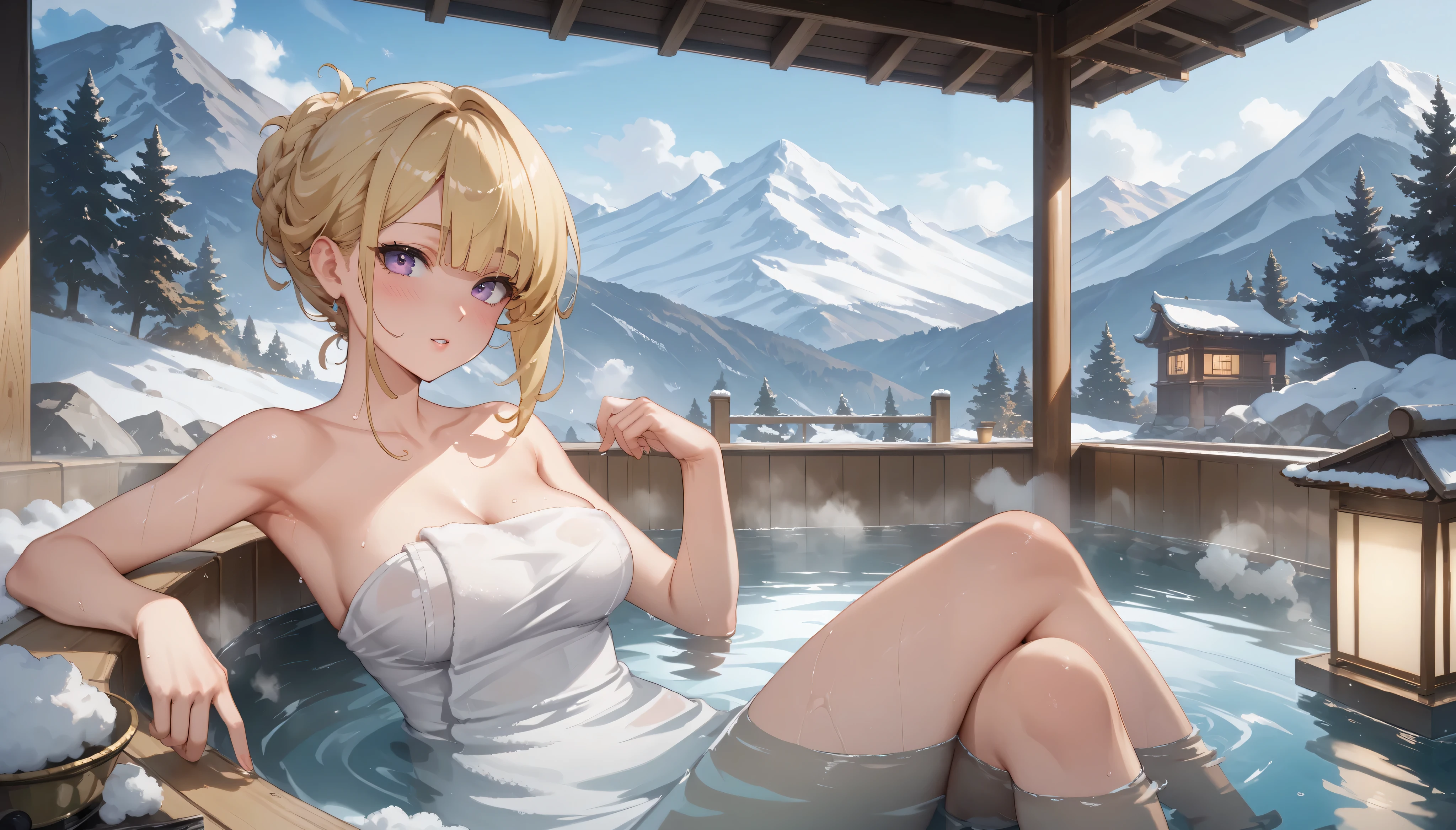 masterpiece, high resolution on the bench,Anime Art,Anime Numbers, 4k anime wallpaper,Soft Light, radiant skin, unique ,An anime girl, blush,Half of the body is in the water, blond hair, Steaming ,gradient purple eyes,leg,bath towel,A distant view of a snowy mountain ,hot spring