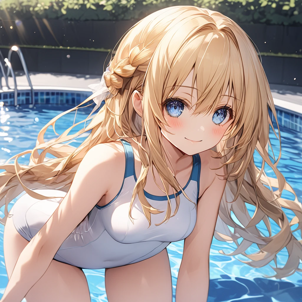 ( One Girl ),Green \(Neptunia )\, blonde hair, blue eyes, long hair, french braid, ,smile,blush、(long sidelocks:1.5), ( small tits:1.5),(white school swimsuit flap:1.5),(white thigh high :1.5),(Thighs:1.5),stand、Pool、front、 cowboy shot、( perfect anatomy ),( best quality), ( ultra hi-res), (超 high definition ), ( Highly Detailed CG), (32K), (masterpiece)、eyesHD