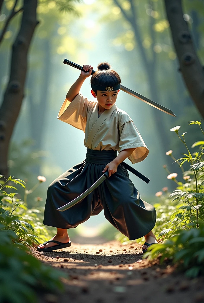 Forest、Boy in Japanese clothes、knife、Practice、Training、sharp、Real、Japanese style