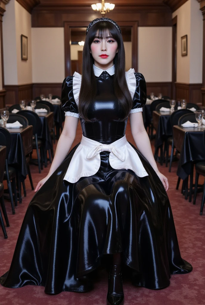  a waitress sat facing the front,  using latex waitress uniform of black color with white apron, Black long skirt, whole body, lips dark red color,  long hair .