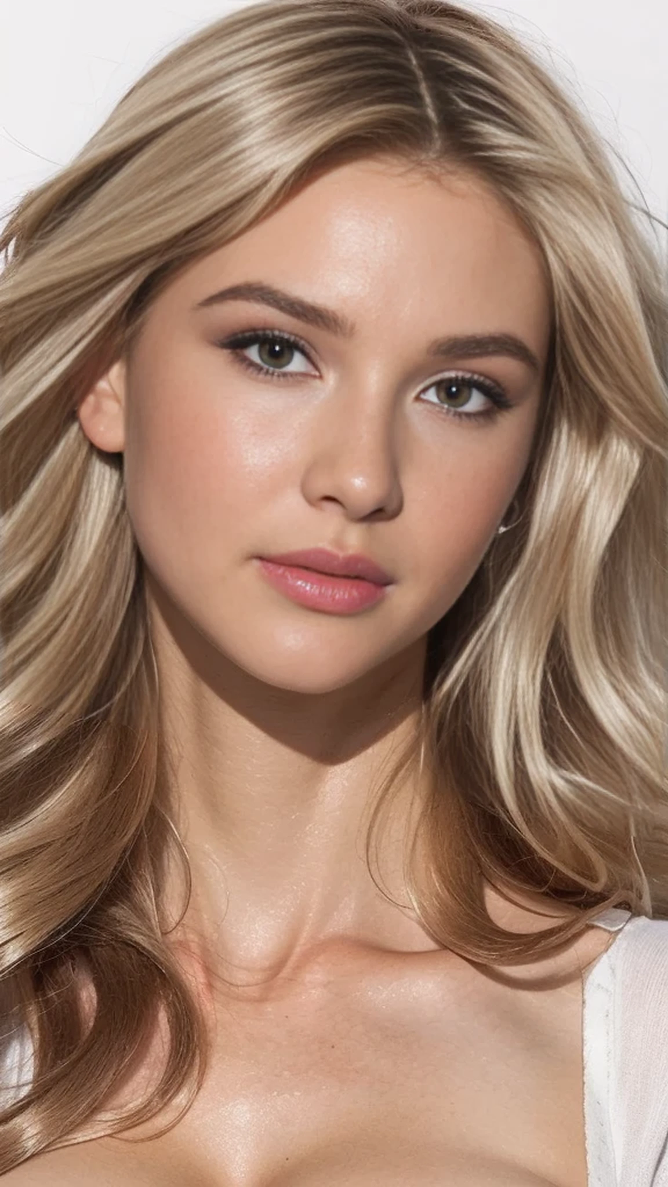 Highest quality, outstanding details, super high resolution, (fidelity: 1.4), the best illustration, favor details, highly condensed 1girl, with a delicate and beautiful face, delicate collarbone, shyness. huge breasts with big cleavage long blonde hair, half body portrait, looking at viewer, sexy body, slim waist, wearing a tight shirt