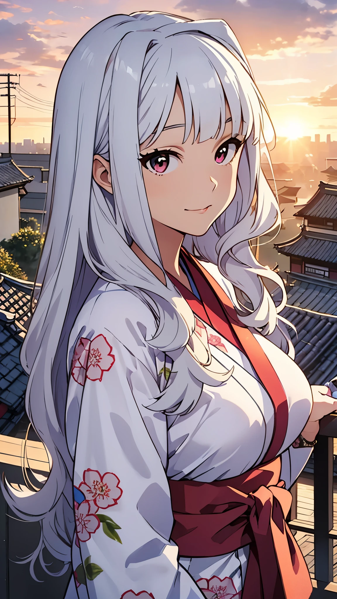 lovely woman wearing a kimono, takane shijou, long white hair, (watch the sunrise), Traditional Japanese townscape lined with wooden houses, (view overlooking the city), (beautiful sunrise: 1.5), CG, unity, 8k, wallpaper, highest quality, masterpiece, (((best lighting))), complex pupils, complex textile, detailed background, detailed face, detailed eyes