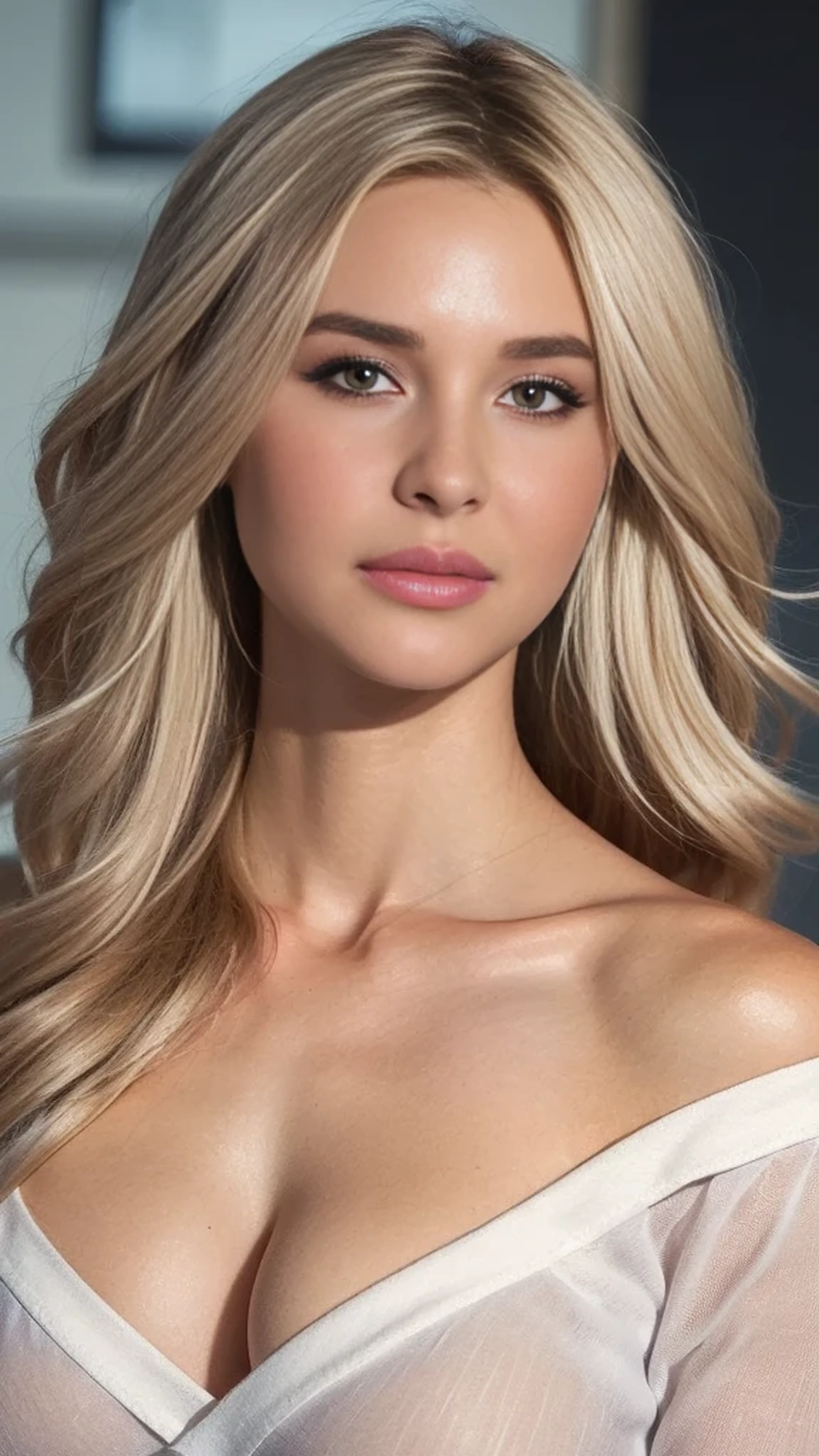 Highest quality, outstanding details, super high resolution, (fidelity: 1.4), the best illustration, favor details, highly condensed 1girl, with a delicate and beautiful face, delicate collarbone, shyness. huge breasts with big cleavage long blonde hair, half body portrait, looking at viewer, sexy body, slim waist, wearing a tight shirt