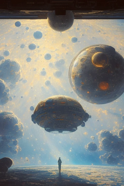 A 1980s oil painting of a distant space colony drifting through a cosmic nebula; the colony gleams white with a large habitation module covered with a large glass shield; multiple hydroponics, supply, science, oxygen and life support modules are interconnected; lights glow; a young girl in a spacesuit is drifting outside of the colony.
