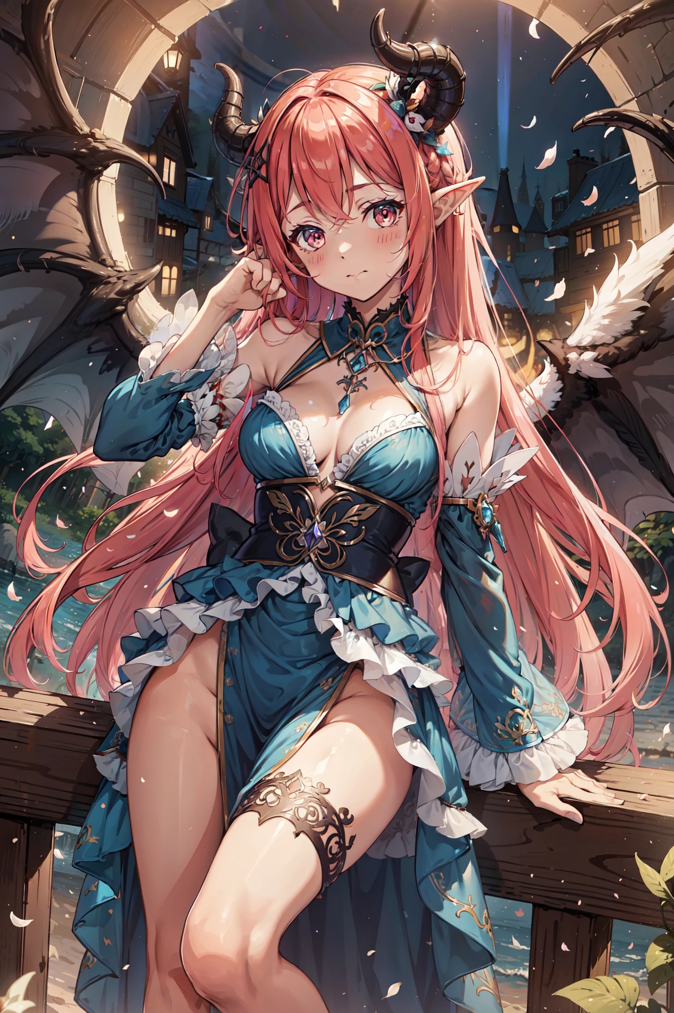 {{Best quality}}, {{Masterpiece}}, {{Ultra-detailed}}, {illustration}, {Detailed light}, {An extremely delicate and beautiful},(8K, Best quality, tmasterpiece:1.2),\(eye detailed\),\(Facial features\),(\(Clothes detail details\)\),Dragon horns, Girl, Solo, Long straight hair, Red hair, Blue eyes, Cute, fantasy, Fantasy style, Dragon girl,Loli,Little girl,volcano background,