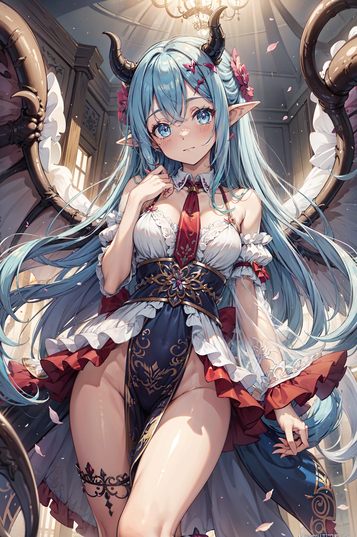 Mulher nova com cabelo azul claro #73c2fb(cabelo azul #73c2fb), Elf ears and white horns in a magical library using their water powers in the middle of chains and with a long white wedding dress all wet, Ela tem um corpo volumoso e os seios, breasts and bust are huge, ela tem um rosto macio delicado lindo e perfeito e um olhar assasino.