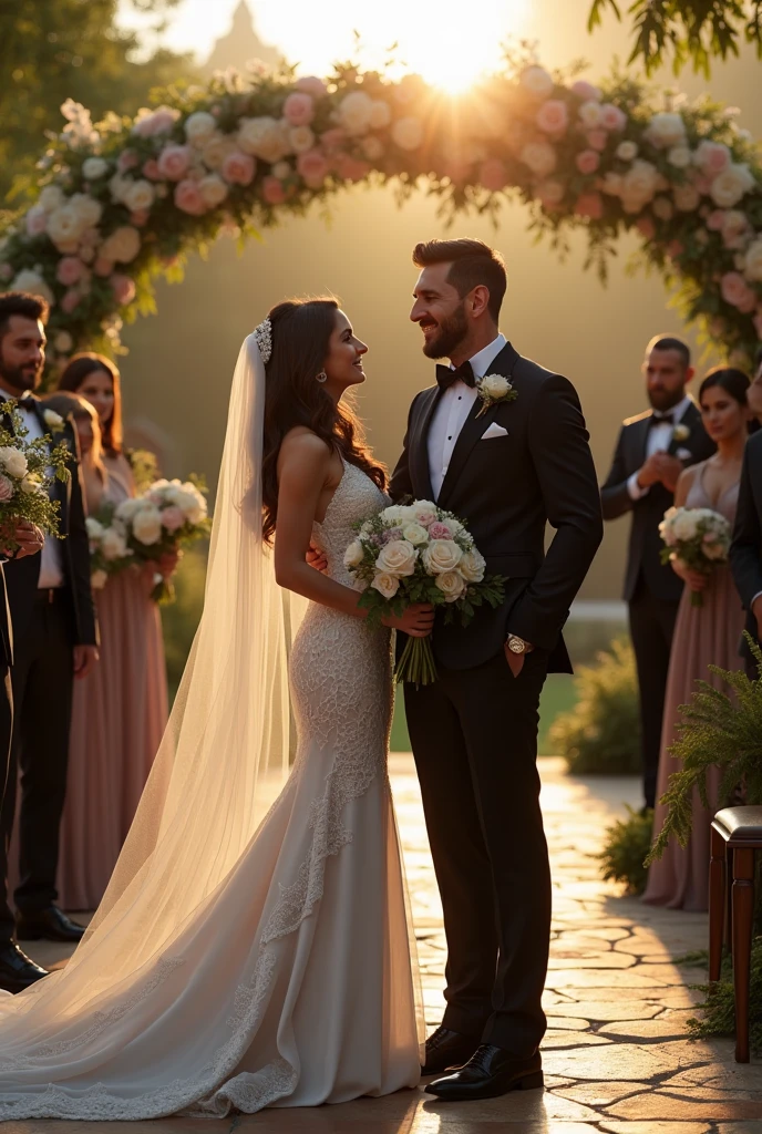 a man and a beautiful woman walking through a lush tropical jungle, detailed facial features, elegant flowing dresses, sunbeams filtering through the canopy, photorealistic, cinematic lighting, intricate foliage, towering trees, dynamic poses, dramatic shadows, vibrant colors, breathtaking scenery, (best quality,4k,8k,highres,masterpiece:1.2),ultra-detailed,(realistic,photorealistic,photo-realistic:1.37),cinematic,dramatic lighting
