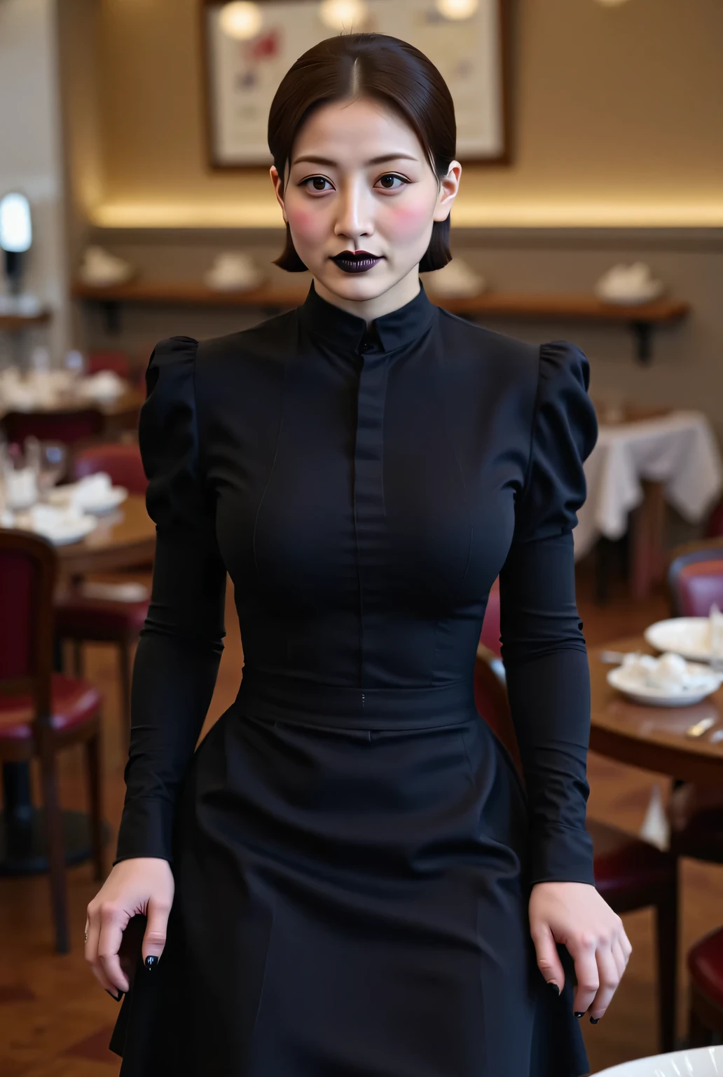 a waiter sitting facing the front , using the uniform of the waitress of black color, black long skirt, whole body, lips using lipstick of black color