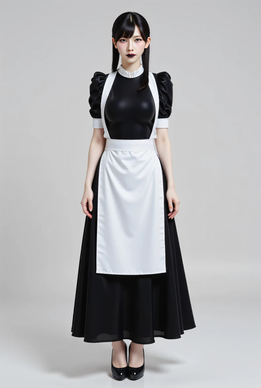 a waiter sitting facing the front , using a black waitress uniform with a white apron, black long skirt, whole body, lips of black color ,