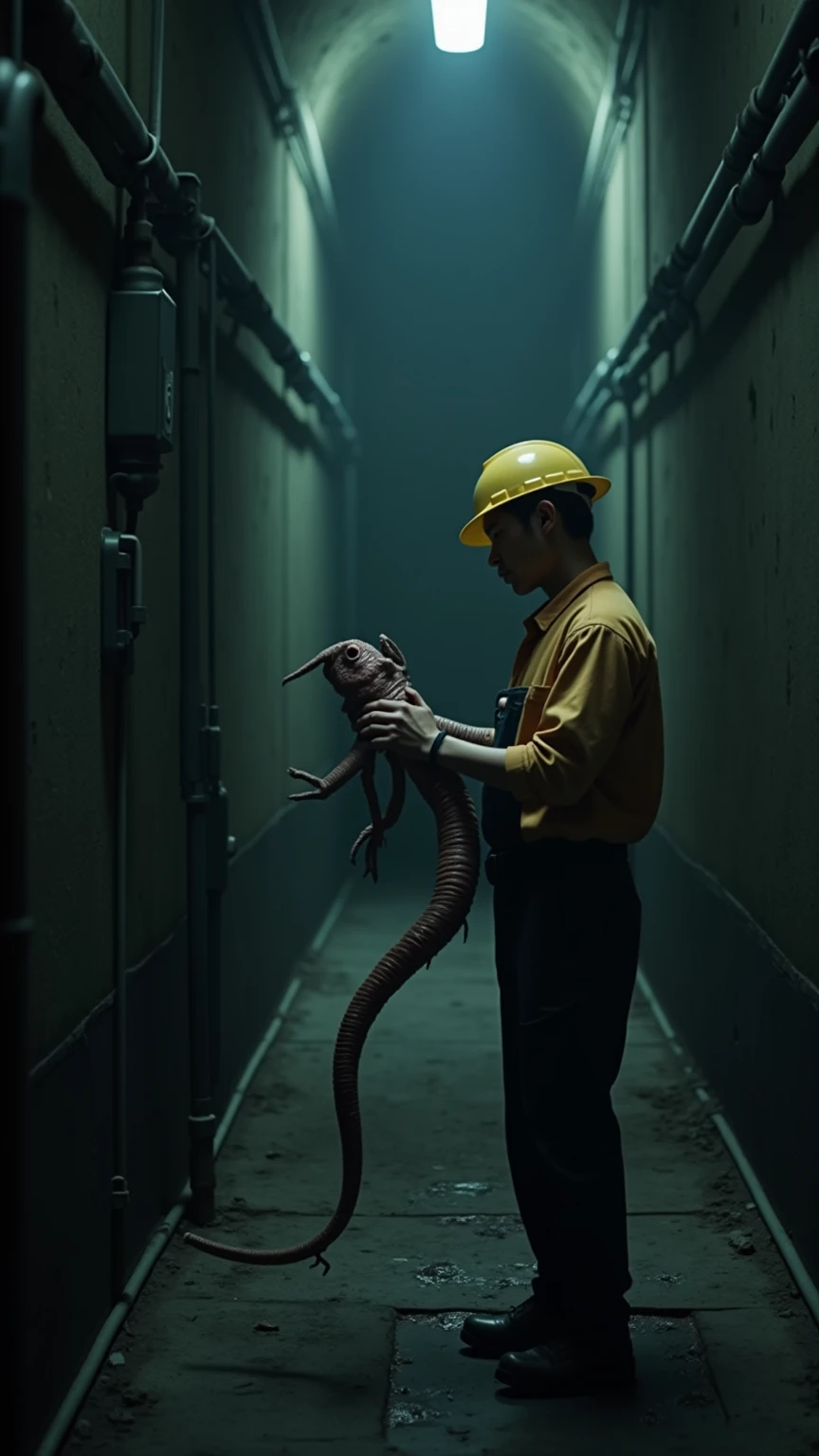 worm-like creature in the sewers, a lone Asian worker in a hard hat holding the creature and looking at him, atmospheric horror lighting, highly detailed organic textures, cinematic still with intense visual depth, 4K photorealism, close up.