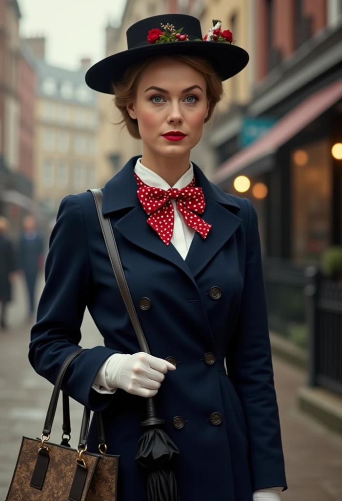 Create a realistic portrait, depiction of Nancy Ace as Mary Poppins. She is wearing a tailored navy-blue coat with a fitted waist and flared hem, buttoned neatly over a crisp white blouse with a red and white polka-dot bow tie at the collar. She holds a black umbrella with a parrot-shaped handle in one hand and an intricately patterned vintage carpet bag in muted tones in the other. Her short, wavy blonde hair is styled neatly beneath a black straw boater hat adorned with a small red flower and delicate berries. Her makeup is classic, with rosy cheeks and soft red lipstick, complementing her warm, refined look. The background is an Edwardian London street scene, softly lit to evoke a magical and nostalgic atmosphere



