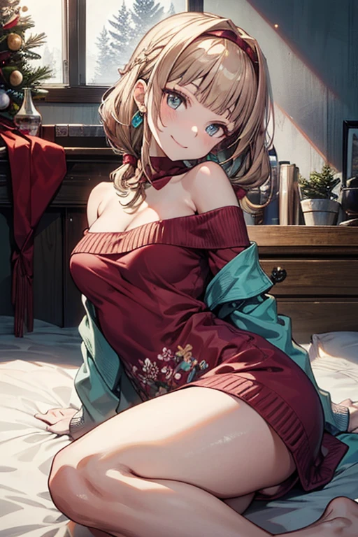 (from below:1.1),(masterpiece), (best quality), ultra-detailed, very aesthetic, sharp focus, depth of field, vibrant colors, ray tracing, best lighting, detailed illustration, detailed background, cinematic, beautiful face, beautiful eyes, 1girl, lying on bed, medium hair with blonde highlights, blue eyes, sidelocks, hairband, earrings with jewelry, off shoulder sweater dress, arms behind back:0.4, air plant, long hair with long locks, gold hairband, off-shoulder dress, sweater dress, off-shoulder sweater, red sweater, big side hair, very long side hair,(super delicate floral pattern:1.2),seductive cleavage:1.3,  big smile, sitting in a large christmas present box, cafeterace background, head tilt, arched back, leaning back, from the side, colored inner hair, multicolored hair, two-tone hair, turquoise hair, long hair, braided hair,(with sparkling eyes and a contagious smile),her thin pubic hair, looking at viewer,
