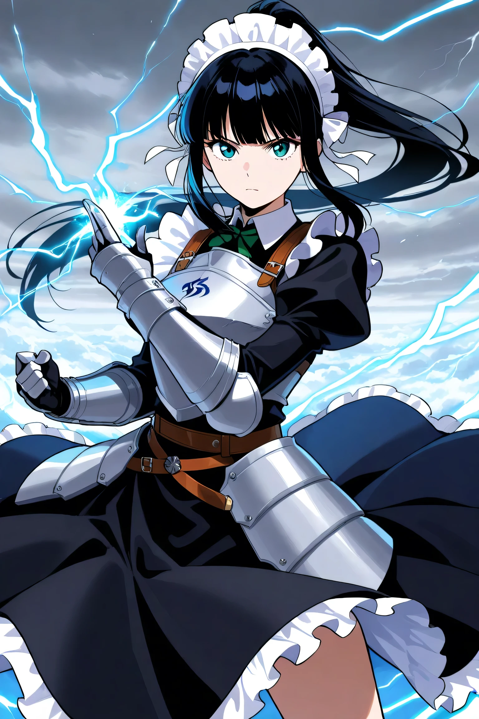 masterpiece, best quality, solo, 1girl, nrbgmm, serious, looking at viewer, hand up, casting spell, energy, long hair, black hair, blunt bangs, sidelocks, ponytail, hair bow, white bow, maid headdress, long dress, black dress, armored dress, breastplate, gauntlets, faulds, grey sky, cloudy sky, lightning, wind lift, dark
