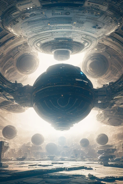 A dystopian image of a distant space colony drifting through a cosmic nebula; the colony gleams white with a large habitation module covered with a large glass shield; multiple hydroponics, supply, science, oxygen and life support modules are interconnected; lights glow; HR Giger style