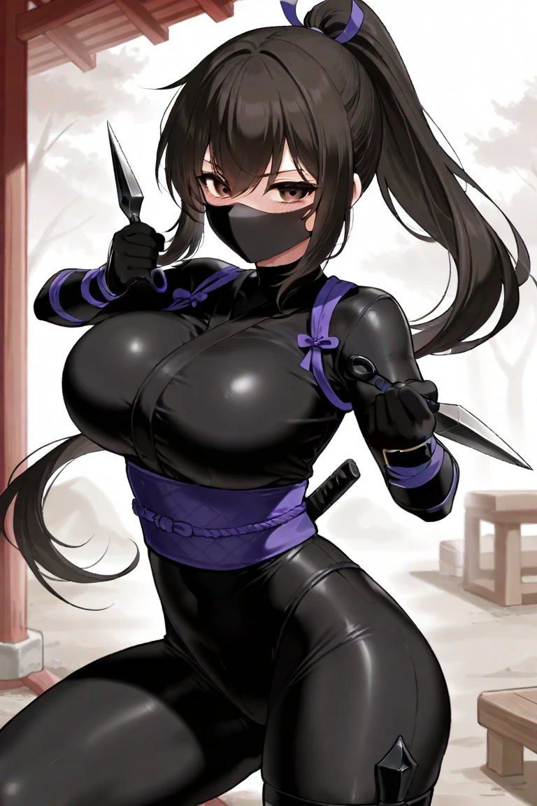 Front faced, ready to fight, using kunai, long black tight suit, wearing black tight gloves, big boobs, female ninja with black tight face mask, silently killing