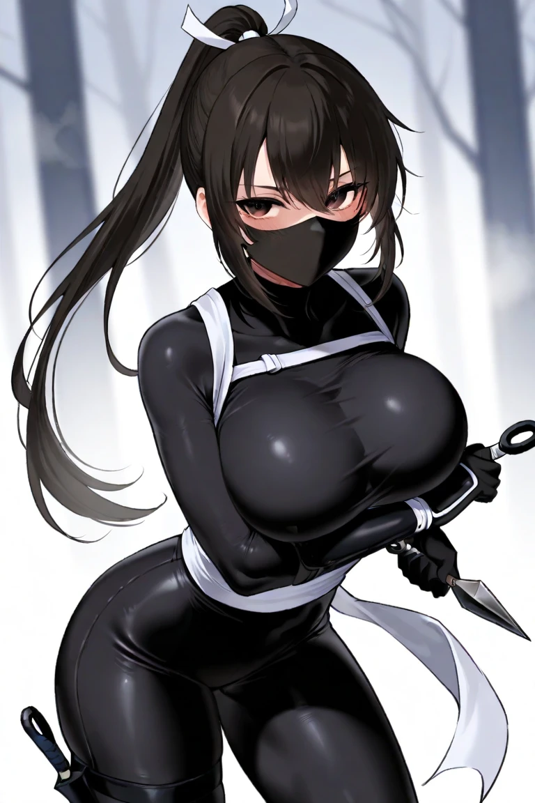 Front faced, ready to fight, using kunai, long black tight suit, wearing black tight gloves, big boobs, female ninja with black tight face mask, silently killing