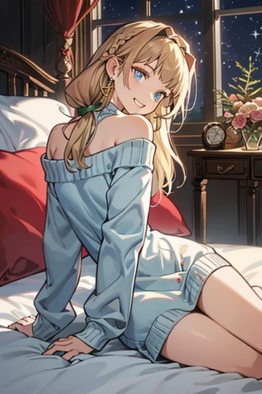 (from below:1.1),(masterpiece), (best quality), ultra-detailed, very aesthetic, sharp focus, depth of field, vibrant colors, ray tracing, best lighting, detailed illustration, detailed background, cinematic, beautiful face, beautiful eyes, 1girl, lying on bed, medium hair with blonde highlights, blue eyes, sidelocks, hairband, earrings with jewelry, off shoulder sweater dress, arms behind back:0.4, air plant, long hair with long locks, gold hairband, off-shoulder dress, sweater dress, off-shoulder sweater, red sweater, big side hair, very long side hair,(super delicate floral pattern:1.2),seductive cleavage:1.3,  big smile, sitting in a large christmas present box, cafeterace background, head tilt, arched back, leaning back, from the side, colored inner hair, multicolored hair, two-tone hair, turquoise hair, long hair, braided hair,(with sparkling eyes and a contagious smile),her thin pubic hair, looking at viewer,
