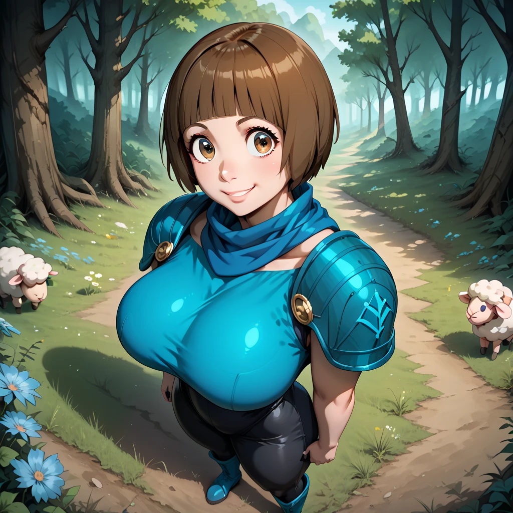 kuna2,  1girl. A medieval fantasy high angle close portrait of 1girl, Mako Mankanshoku, mankanshokumako, brown eyes, brown hair, short hair, bob cut dressed in a ((wool turtleneck)), blue scarf, (shoulder-pads), tight black pants, high boots. She is smiling brightly, has short brown hair, big round eyes. She has huge breasts, massive breasts, huge fake breasts, massive , thick thighs, very thick thighs. She is standing outside, in nature, forest. She is looking up at viewer. High quality, Best quality, high detail, (very detailed), super detailed, detailed clothes. masterpiece, best quality, amazing quality, very aesthetic, absurdres, newest, scenery,