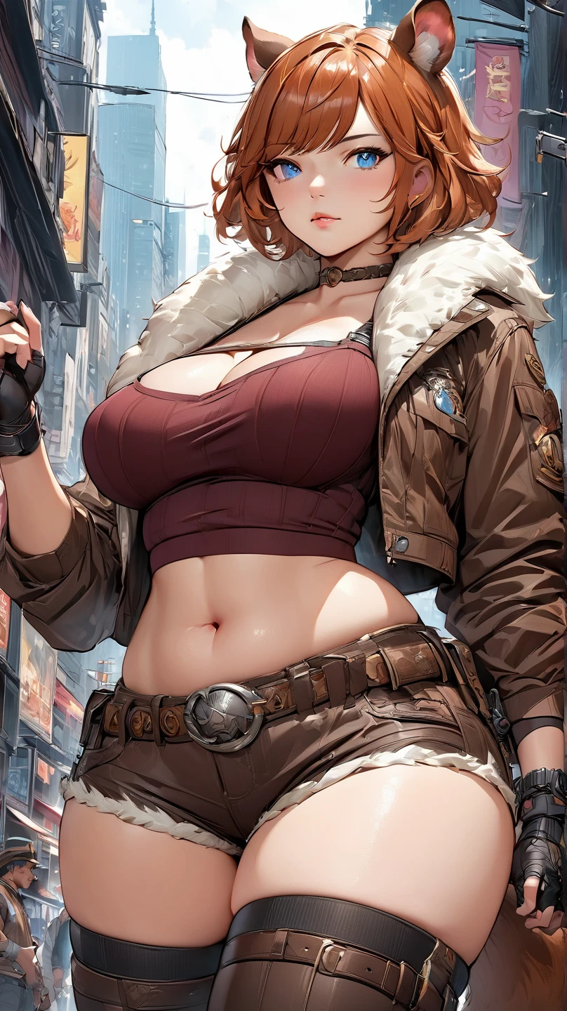(((Annie Lennox))), (((copper color suit))), (scars), (((bandaged arms))), (((Copper-colored clothes))) ((fur hood)), (((best qualityer: 1.4))), (Unbeatable masterpiece), (hiper HD),(CG 8k hyper-realistic), brave face, (((breasts big))), (((hyper feminine))), sexly girl, black tattoo,(ultra short red hair with white highlights)), ((( sculptural body ))), (((1 Kizi))), Kizi tatuada de 25 anos com perfectbody,,Beautiful and well-groomed face,muscular body:1.2,solid color detailed jacket, (Head to thigh photos), Complex equipment, copper,Tight clothes,With white stars and off-white stripes,,,,,Armor Metal Electronic Parts, Poison tattoos ) INFO, Kizi, (((standing alone))), pirralha violent, 24歳, sexy, pose de atitude, work of art, post-apocalypse, (((manga style))), bounty hunter, violent, Manic, the way you want, perfect body, roupa moderna, advanced technology, Pleated mini skirt with checkered pattern in red and black, fur collar jacket, sleeves with vertical striped pattern, neutral background, (( cowboy shot )). intricate visual, narrow waist, (((wide hips))), fit thighs, (thigh gap), background shows a futuristic airplane