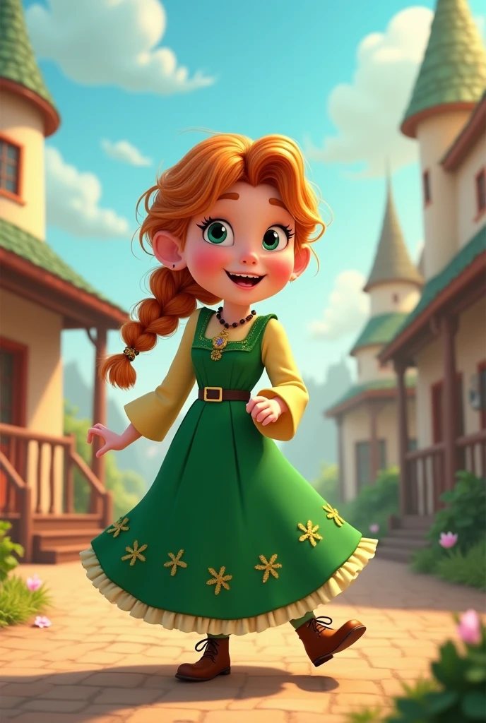 Cute princess Anna with a cold heart in a green spring dress, 5 years, Disney style, Happy, smiling, Full Size, Full Size, Two red pigtails, hyperrealistic, Natural, (masterpiece:1.4), (Best quality:1. 4), (a high resolution:1. 4), anna of arendelle, Detailed face, hairstyle, blue-green skirt, sunflower pattern, dark blue bodice, (Green Footwear:1.1), Green vest, black boots, on open air, Looking at the viewer, smile, summer,