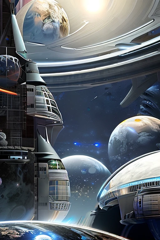 A dystopian image of a distant space colony drifting through a cosmic nebula; the colony gleams white with a large habitation module covered with a large glass shield; multiple hydroponics, supply, science, oxygen and life support modules are interconnected; lights glow; HR Giger style