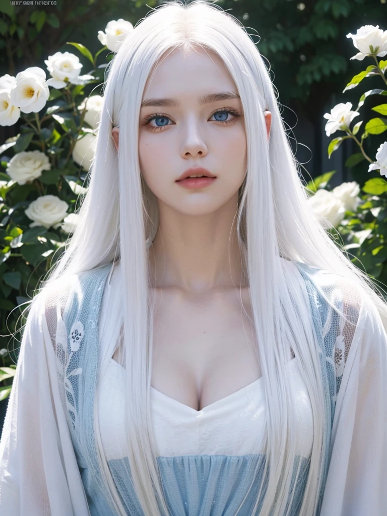 Long white hair, blue eyes, serious features, white skin, loose style, in a garden, with flowers , in the forest , killer frost the flash 