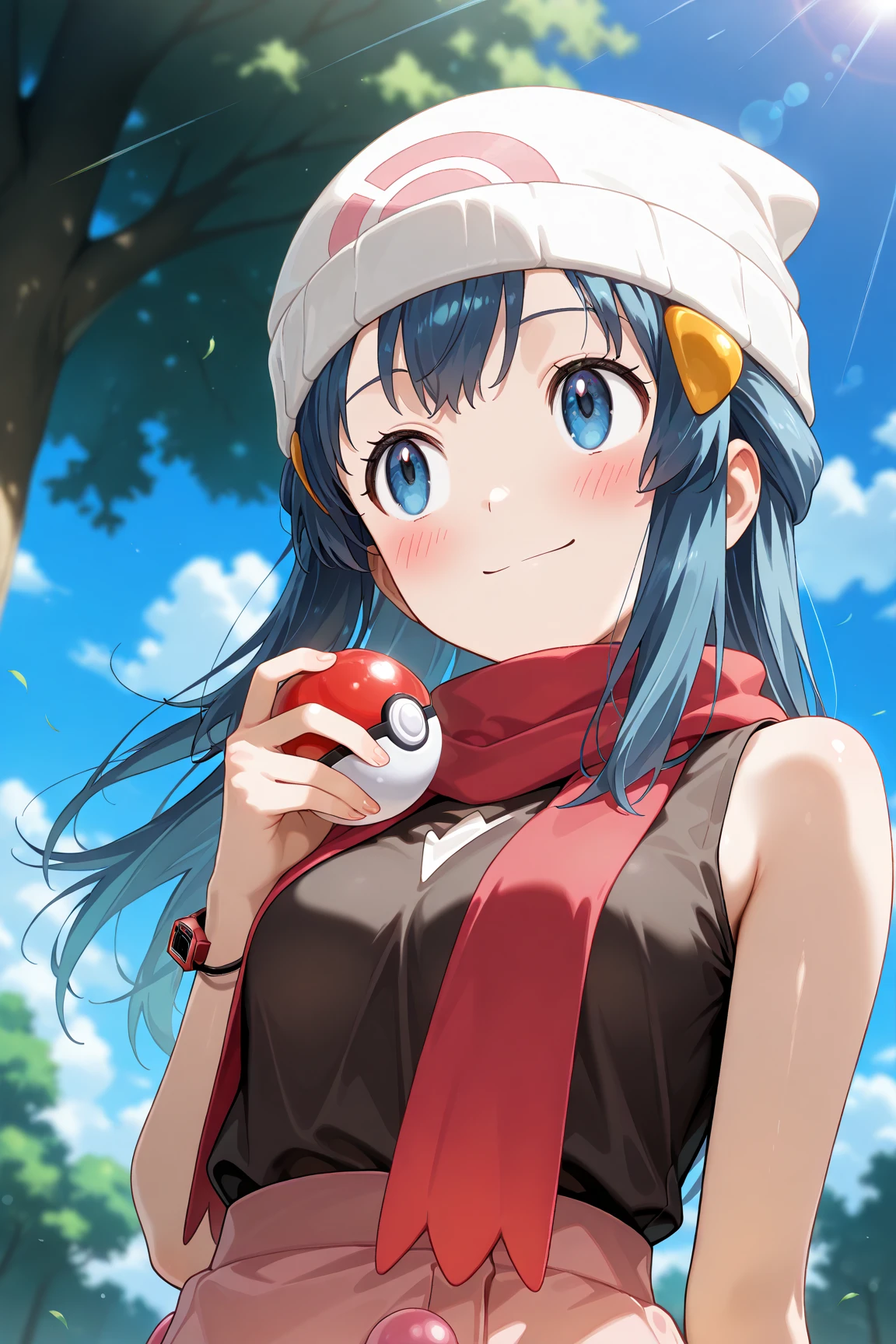 score_9, score_8_up, score_7_up, score_6_up, score_5_up, score_4_up, source_anime, aadawn, long hair, blue hair, beanie, white headwear, hair ornament, blue eyes, breasts, red scarf, sleeveless shirt, black shirt, wristwatch, bracelet, pink skirt, standing, outdoors, filed, flower, tree, holding poke ball, smile,

(realistic skin0.8),
Shiny, skin,

(blush:1.4), smile,
cinematic, dramatic, (blurry background:1.4), depth of field, 
1girl, solo, joyful, smile, dynamic pose, dynamic angle, from below, 
outdoors, nature,
(portrait:1.5),
(focus on face:1.2),
(closed-up shot:1.4),
sunny,
blue sky,
cloud,
sunlight,
wind,
looking away,