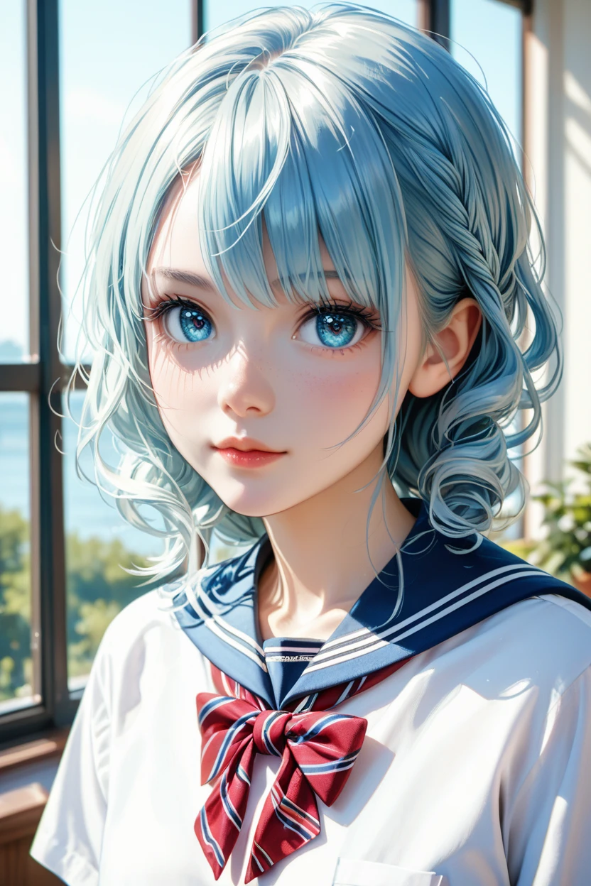 young Female, (light blue eyes), ((school uniform)), (intricate hairstyle), beautiful, (sideface), gentleness, Cinematic, (shaded), (Detailed eyes):1.2, 