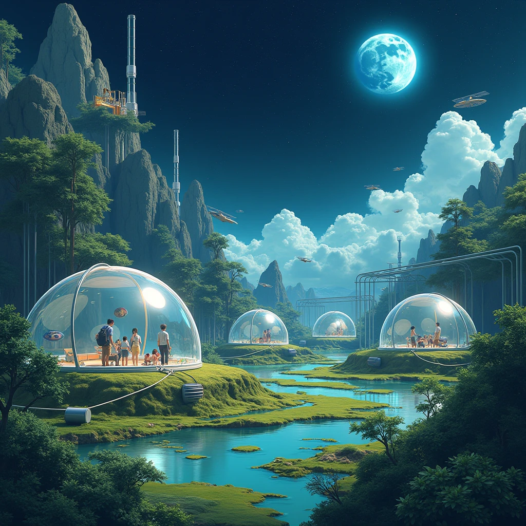 Anime, surrealism, work of art, 8K quality, theme is "space colony", the surface of the planet is dotted with hemispherical translucent domes, inside the domes artificial sunlight illuminates people's lives and various people live there, the surface of the planet is a swamp and a deep olive green swamp, inside the swamp there is a water purification plant with pipes connected to the domes, adjacent to the domes is a solar panel power generation facility, pale orange clouds and dark blue space are visible in the background with a blue moon, space pods look small.