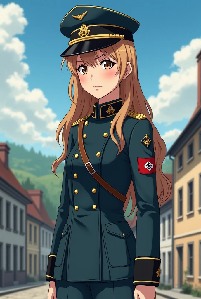 painting of a female soldier, uniform smiling, leather_jacket, military_hat, british_army, world_war_ii, hearts_of_iron, cowboy_shoot, female_focus, solo, military art, infantry girl, dieselpunk, by Hugh Hughes